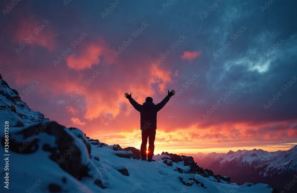 Silhouette of man with raised arms on snow mountain peak against cloudy sunset sky. Achievement. Person figure expresses freedom, praise, prayer. Worship, gratitude in highlands. Silhouette of man with raised arms on snow mountain peak against cloudy sunset sky. Achievement. Person figure expresses freedom, praise, prayer. Worship, gratitude in highlands.