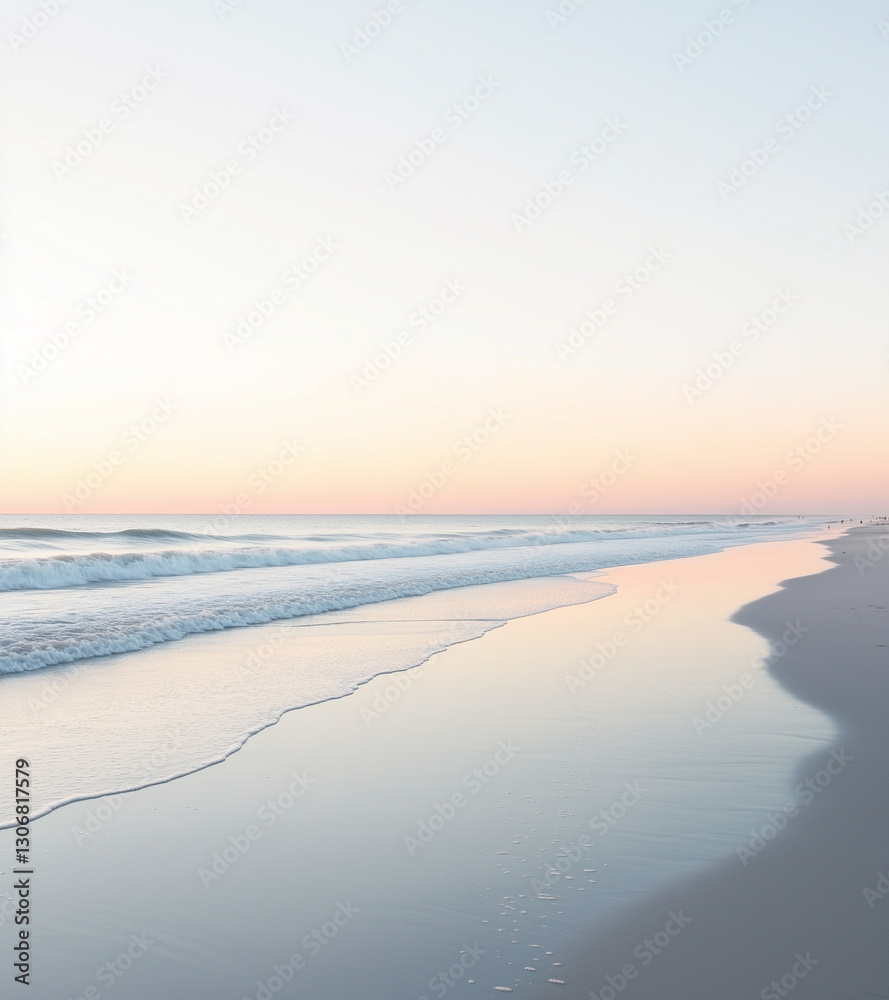 Serene Beach at Sunrise with Calm Waves and Colorful Sky Reflections and copy space Serene Beach at Sunrise with Calm Waves and Colorful Sky Reflections and copy space