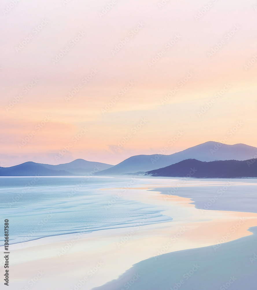 Serene Beach Landscape at Dawn with Pastel Sky and Gentle Waves and copy space Serene Beach Landscape at Dawn with Pastel Sky and Gentle Waves and copy space