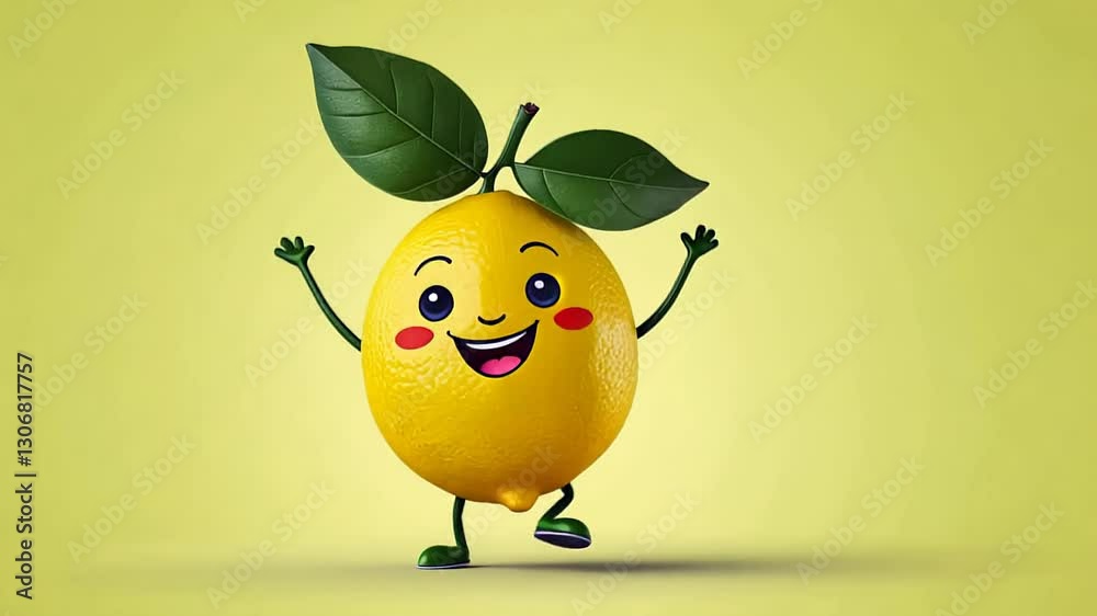 A lively cartoon lemon character stands with arms raised, wearing a big smile. Its bright yellow skin contrasts perfectly with vivid green leaves against a cheerful backdrop A lively cartoon lemon character stands with arms raised, wearing a big smile. Its bright yellow skin contrasts perfectly with vivid green leaves against a cheerful backdrop