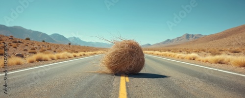 Tumbleweed rolling over empty desert road under clear sky. Huge desert tumbleweed ball blocks highway. Arid barren landscape evokes drought. Open scenic travel adventure. Solitude, remote