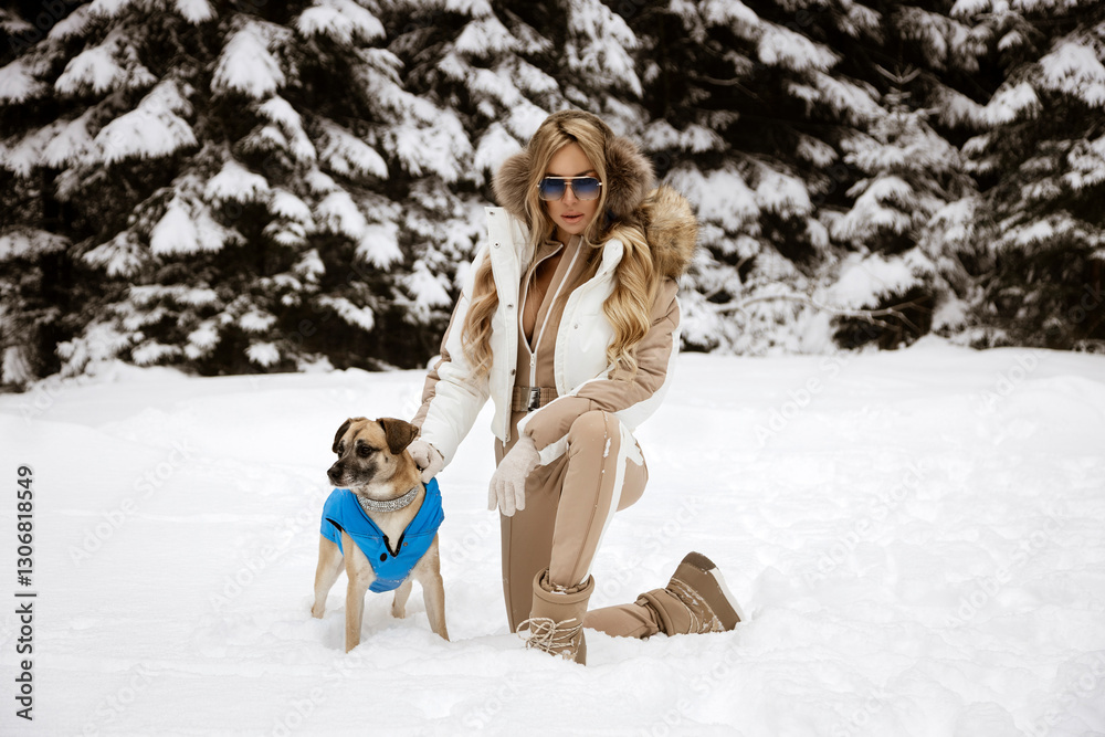 Obraz premium A fashionable woman poses in a snowy landscape with her dog, both dressed in stylish winter outfits. The scene captures elegance, warmth, and luxury against a beautiful winter wonderland backdrop.