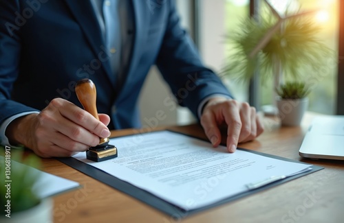 Businessman approves document with stamp in office. Validating business contracts compliance with standards, ESG concept. Legal seal of quality certifying official record. Lawyer advocates green