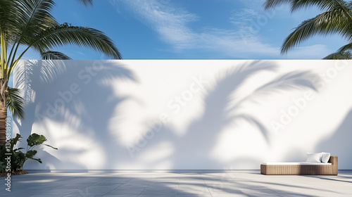 Modern Outdoor Space with Palm Tree Shadows and Blue Sky and copy space