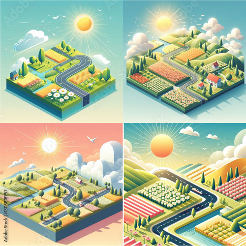 Colorful rural landscape illustrations with winding roads and fields showcasing idyllic farming scenes

