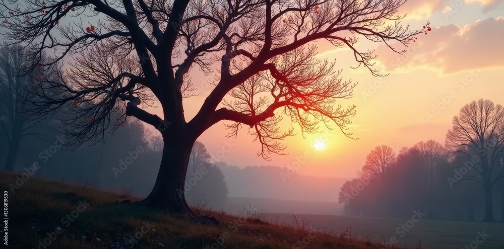 Fototapeta premium Stark branches, pale bark, soft evening light Early spring oak silhouette , bare, March, outdoor