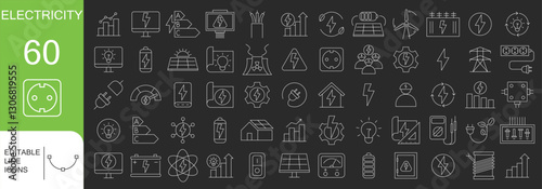 Electricity and Electrical Energy Line Icon Set – 60 Vector Outline Icons of Electric Power, Light Bulbs, Plugs, Batteries, and Electrical Equipment with Editable Stroke

