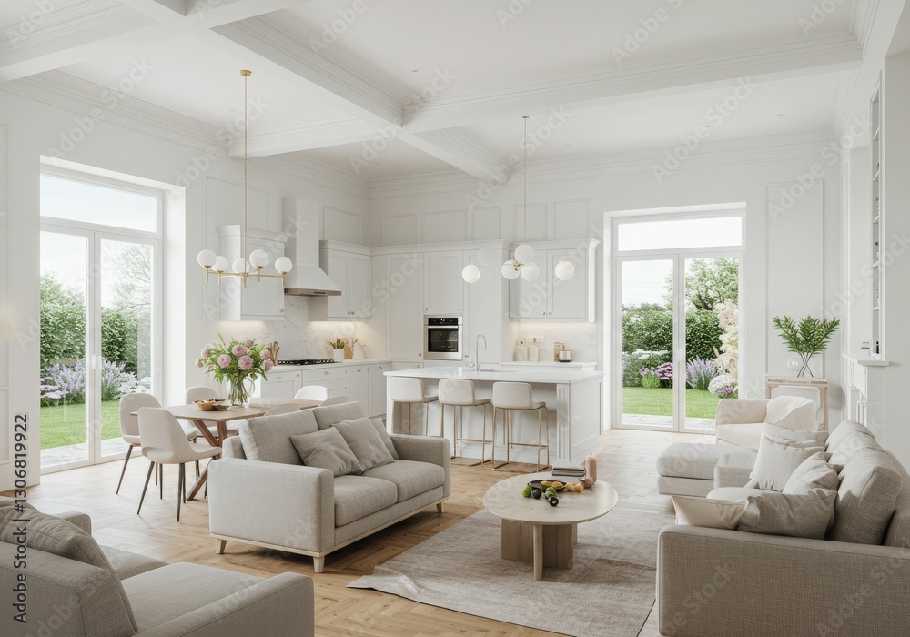 Fototapeta premium Modern kitchen mockup table interior in a luxury home with stylish design, windows, furniture, and a spacious layout