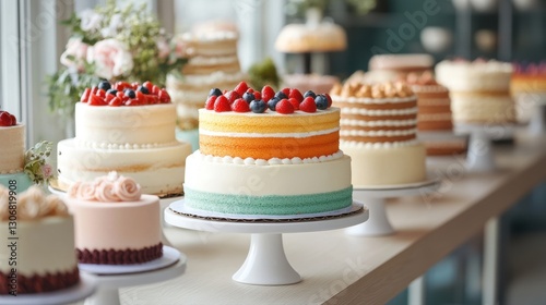 Colorful array of decorated cakes displayed in a bakery during a sunny afternoon photo