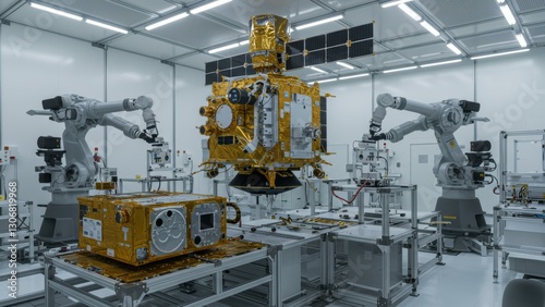 Robotic arms assemble satellite in a high tech laboratory environment focused on innovation and space exploration