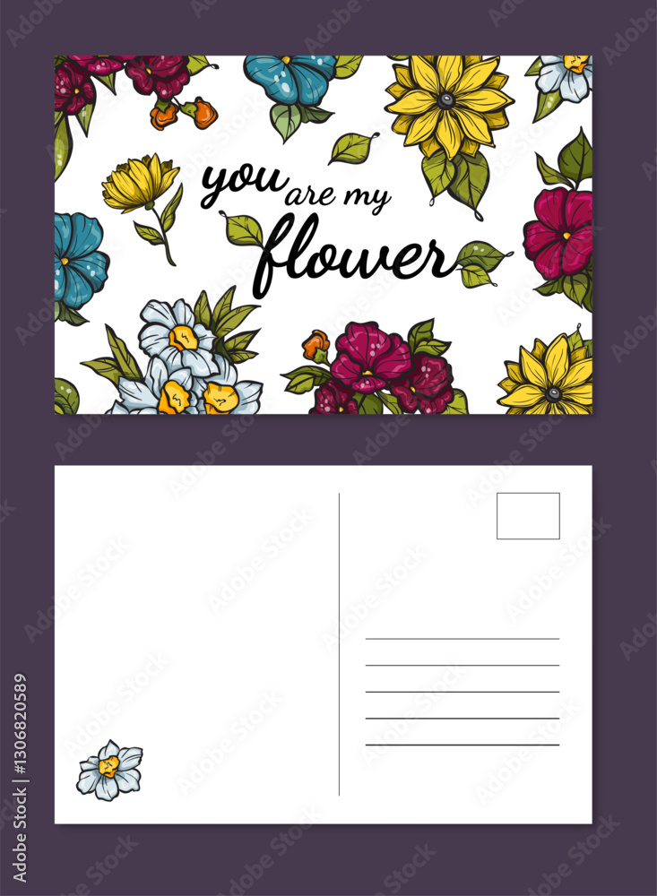 Naklejka premium Illustration of vibrant flower greeting cards with cute phrase