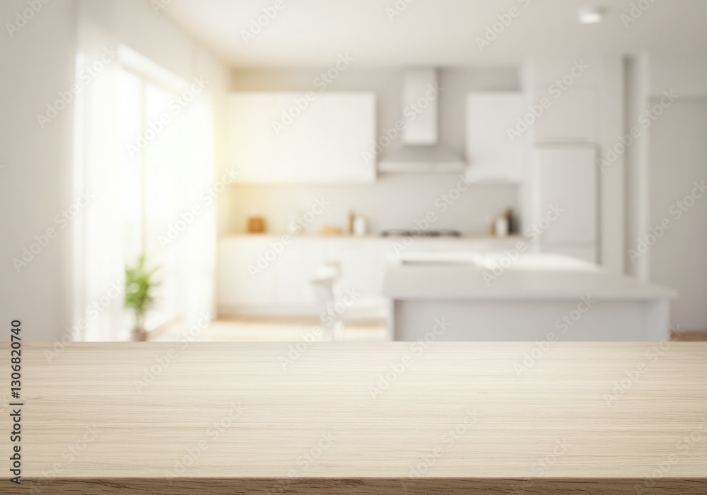 Fototapeta premium Modern kitchen mockup table interior in a luxury home with stylish design, windows, furniture, and a spacious layout