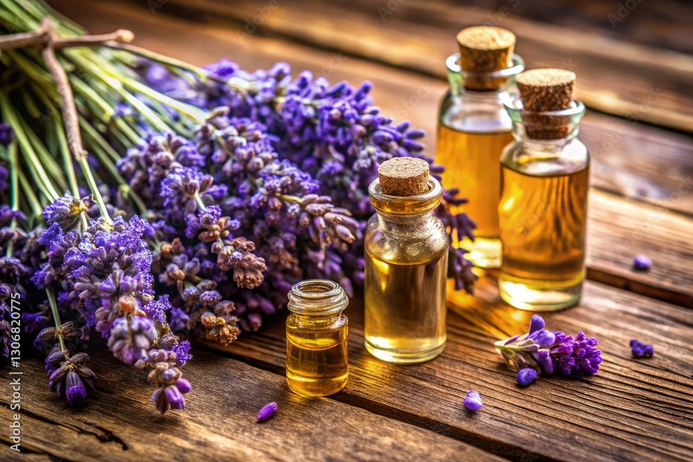 Lavender essential oils: experience tranquility. Natural calming scents, enhanced by a rustic wooden setting. Lavender essential oils: experience tranquility. Natural calming scents, enhanced by a rustic wooden setting.
