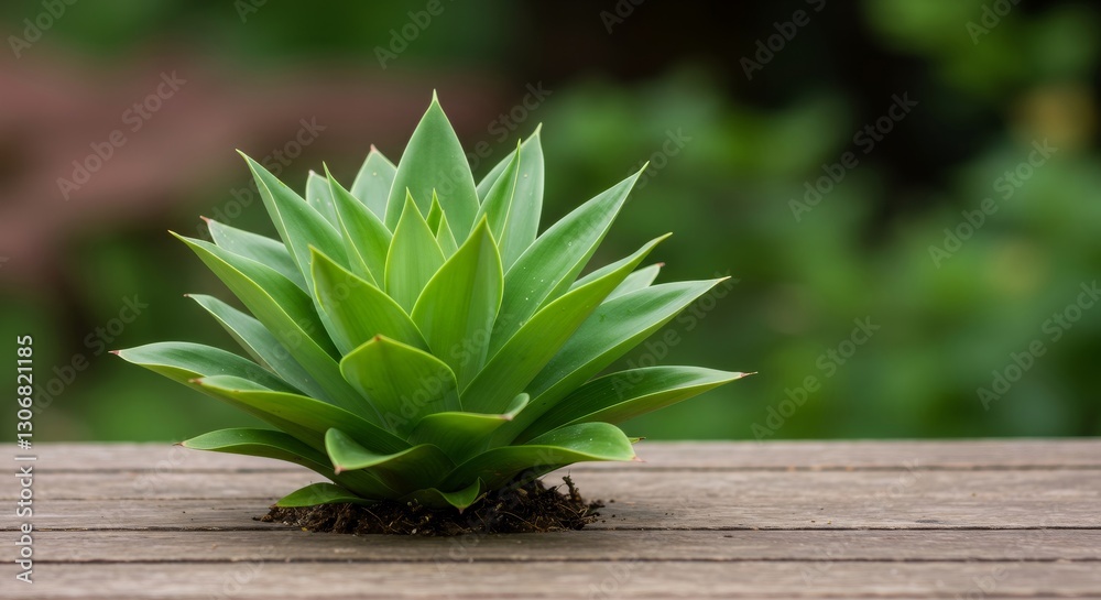 Obraz premium Succulent plant on wooden surface with blurred green background. Miniature agave or aloe vera. Houseplant, gardening, and nature concept. Eco-friendly decor for home or office.