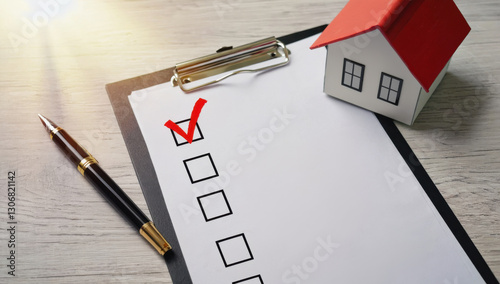 Checklist for home buying with pen and model house