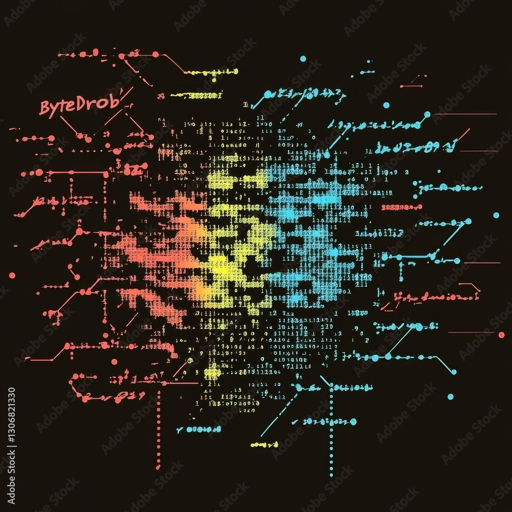 Fototapeta premium Data Stream Visualization: Colorful Byte Droplets and Abstract Binary Code Flowing on a Dark Background