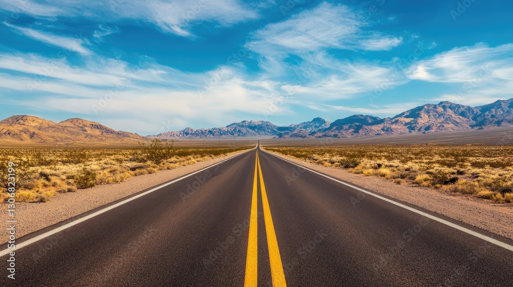 A long straight road stretches into a vast desert landscape with mountains and a bright blue sky. The open and empty highway symbolizes freedom, adventure, and exploration. Generative AI A long straight road stretches into a vast desert landscape with mountains and a bright blue sky. The open and empty highway symbolizes freedom, adventure, and exploration. Generative AI