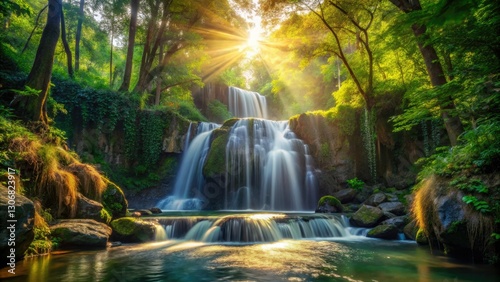 Lush forest, cascading waterfall, mystical beauty captured.