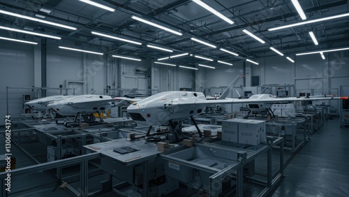 High tech workshop displaying advanced drones and equipment, emphasizing innovation in the aerospace industry