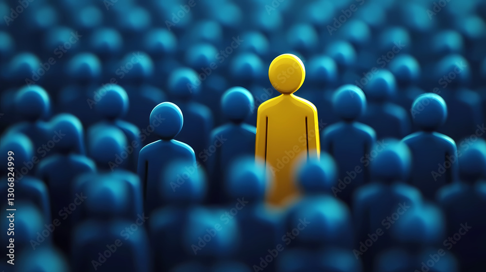 Fototapeta premium Yellow Figure in the Center of Blue Figures Ocean
