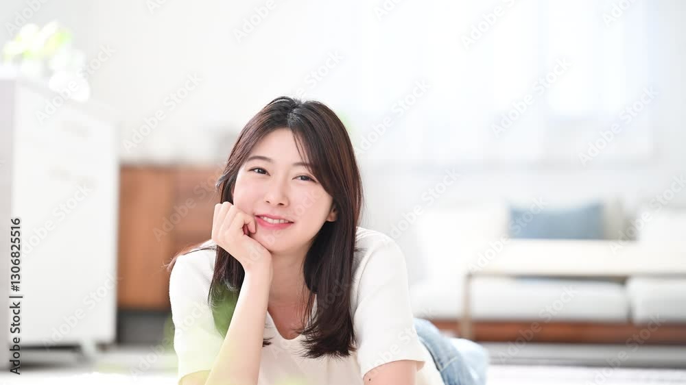 Closeup of a cute smiling woman relaxing on her cheekbones in her room Smiling for the camera Video Closeup of a cute smiling woman relaxing on her cheekbones in her room Smiling for the camera Video