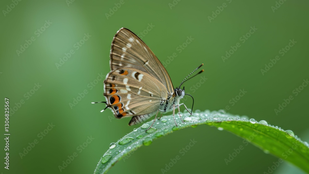 Close up of butterfly perched on green leaf with dew drops, showcasing nature's beauty and vibrant colors Close up of butterfly perched on green leaf with dew drops, showcasing nature's beauty and vibrant colors