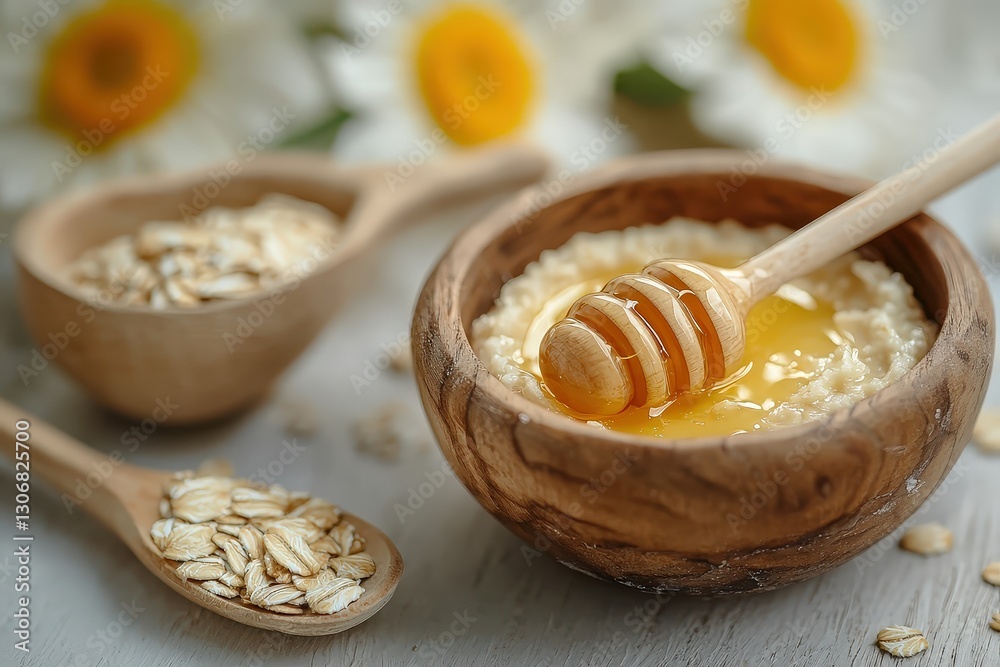 Fototapeta premium Natural Exfoliating Mask Preparation With Honey and Oatmeal for Radiant Skin Care