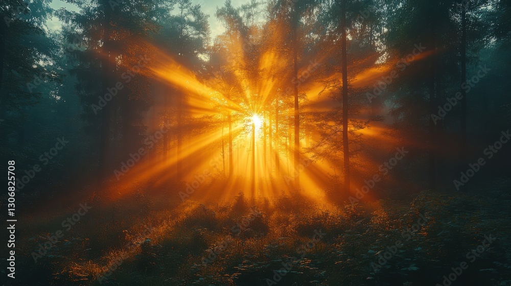 Fototapeta premium magical sunrise through misty forest with sunbeams