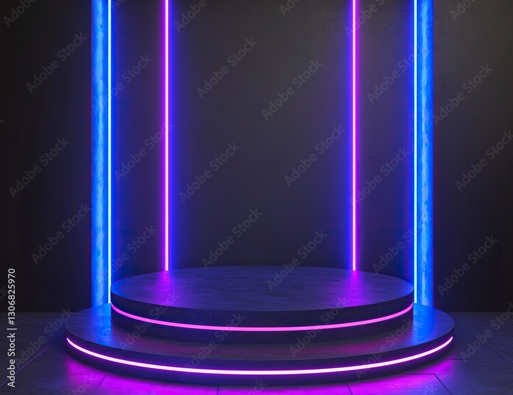 3D render, abstract black background with blue and purple glowing neon lines on the floor. Cylindrical pedestal podium for product display presentation mock-up. 3D render, abstract black background with blue and purple glowing neon lines on the floor. Cylindrical pedestal podium for product display presentation mock-up.