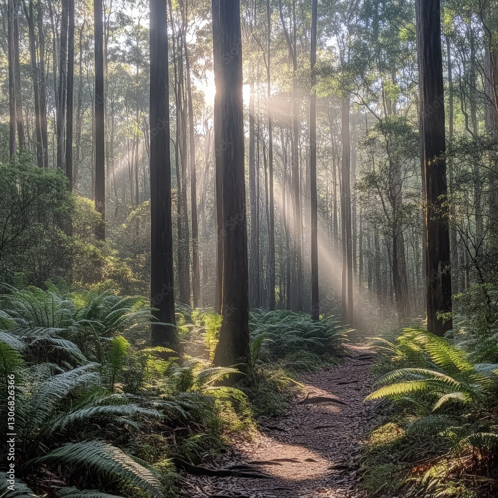 Fototapeta premium Scenic Pine Forest Path with Green Trees and Lush Vegetation