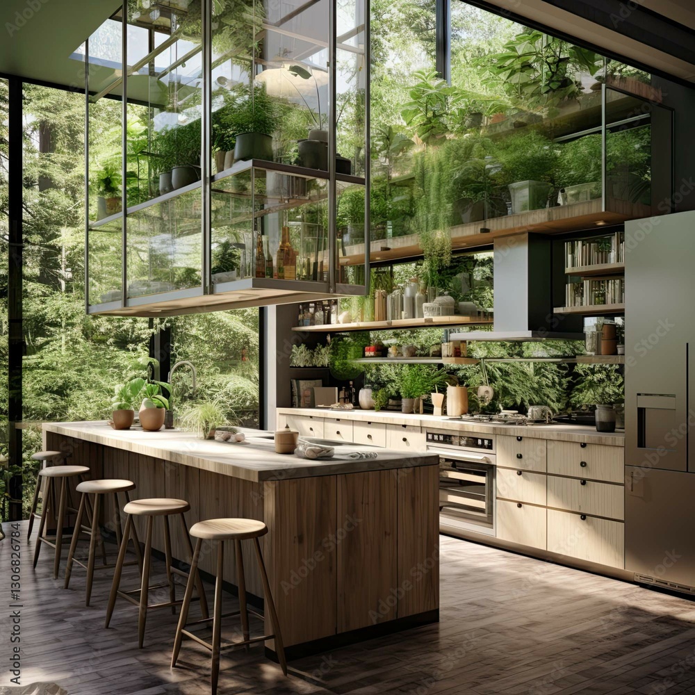 Fototapeta premium greenery kitchen with glass wall