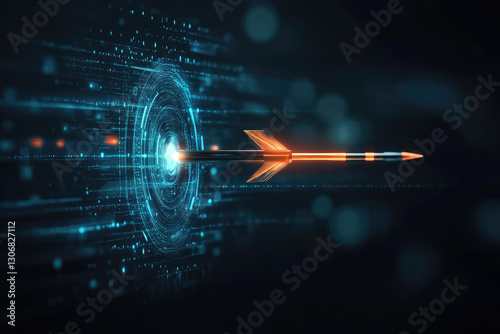 Futuristic abstract arrow hitting a goal icon in a digital landscape symbolizing precision success and strategic impact