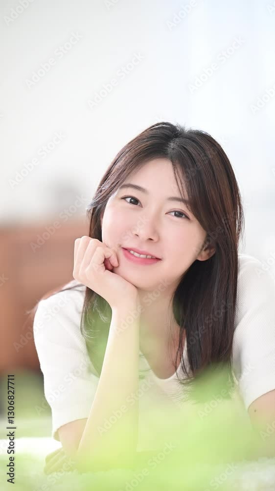 部屋で頬杖をつくくつろぐかわいい笑顔の女性のクローズアップ カメラ目線で微笑む縦動画 部屋で頬杖をつくくつろぐかわいい笑顔の女性のクローズアップ カメラ目線で微笑む縦動画