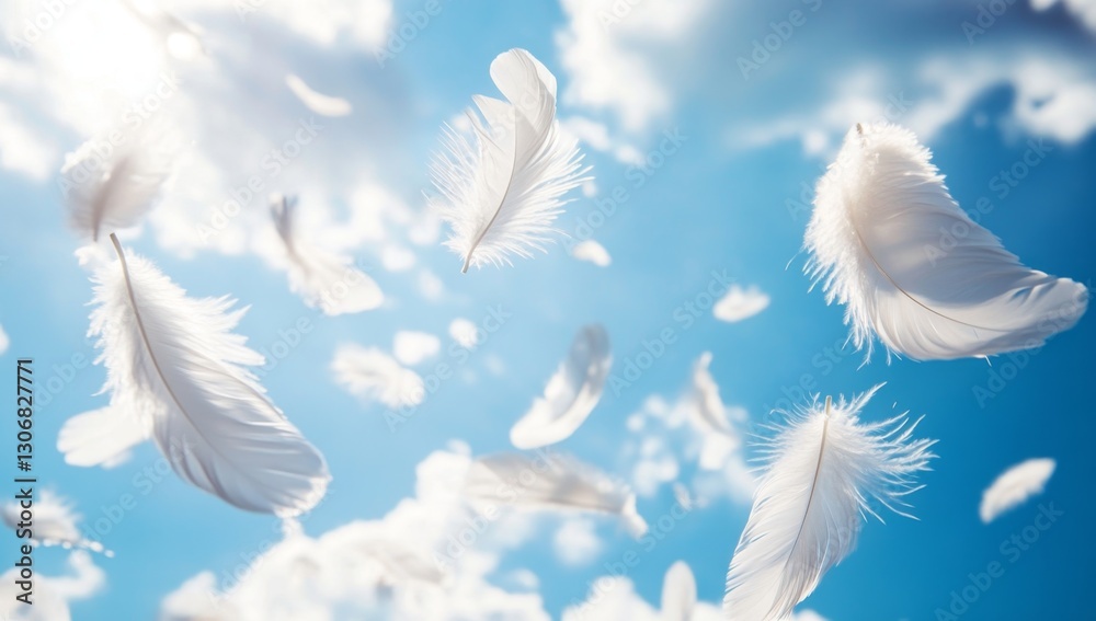 Naklejka premium White feathers floating in a bright sky