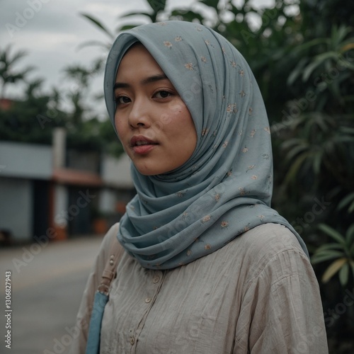 A Malaysian girl in a modern hijab, dressed in casual streetwear.