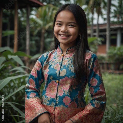 A young Malaysian girl in a traditional Baju Kurung, smiling warmly.