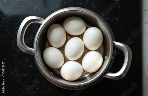 Top view of chicken eggs boiling in stainless steel pot on black stove. White eggshells, steam, hot liquid. Concept of healthy food, breakfast, cooking and preparation. Natural ingredient, tasty diet.