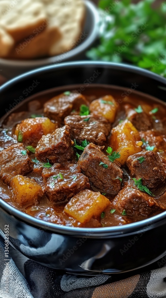 Bowl of beef stew accompanied by fresh bread presented for a hearty and comforting meal Bowl of beef stew accompanied by fresh bread presented for a hearty and comforting meal