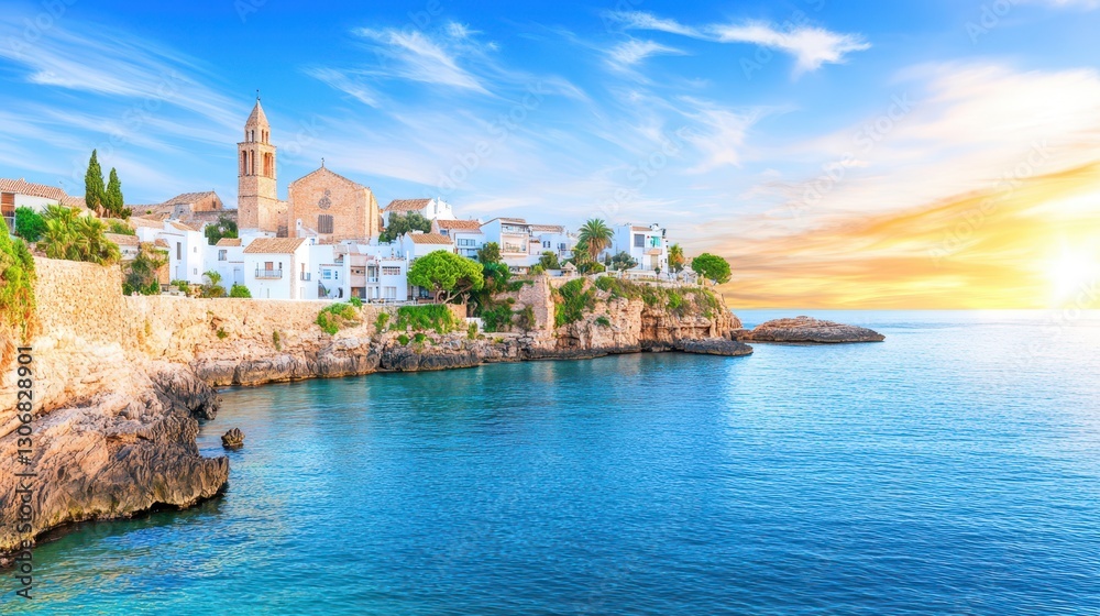 Coastal Charm: A picturesque seaside town nestled on a rugged coastline, with a church spire reaching for a vibrant blue sky, inviting travelers to explore and unwind Coastal Charm: A picturesque seaside town nestled on a rugged coastline, with a church spire reaching for a vibrant blue sky, inviting travelers to explore and unwind
