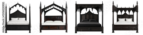 Elaborately carved and decorated medieval style canopy bed set in a dramatic moody gothic inspired bedroom interior design with lavish ornate details and a sense of historical grandeur and luxury