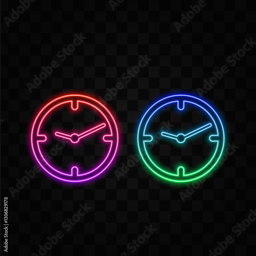 Clock icon representing timekeeping and punctuality, neon style. suitable for business schedules, productivity tools, and daily planners. neon style.