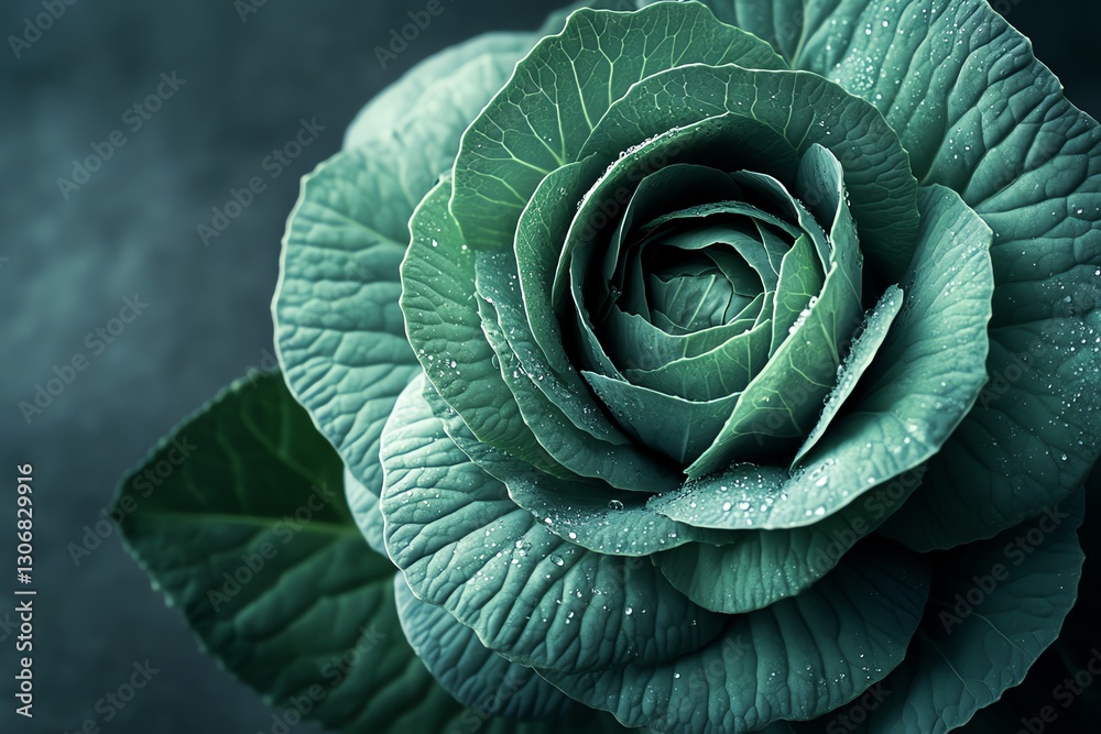 Fototapeta premium Decorative Cabbage Closeup with Water Drops and Moody Green Hues