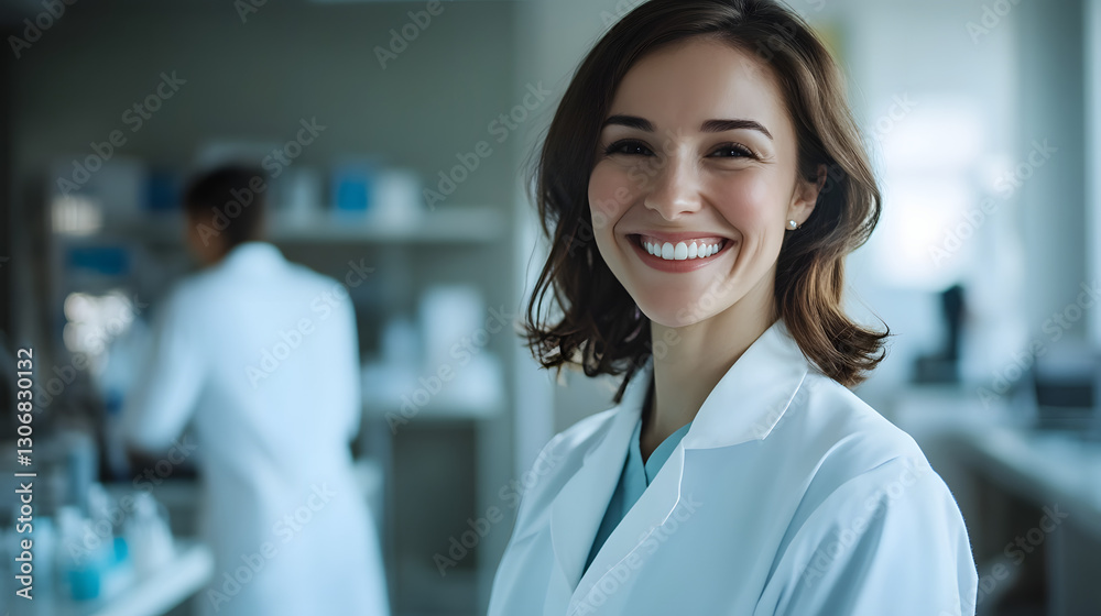 Smiling scientist in lab coat. Confident professional in a research environment, working on experiments. Smiling scientist in lab coat. Confident professional in a research environment, working on experiments.