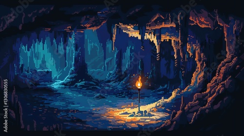 A pixel art depiction of a cave with a waterfall.
