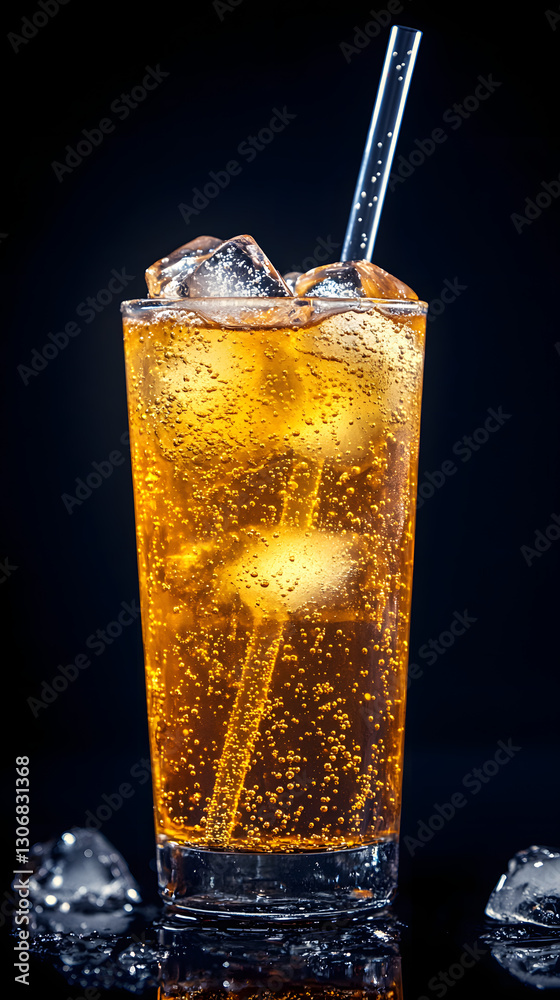 A tall glass of yellowish soda with ice and bubbles
A tall glass of yellowish soda with ice and bubbles