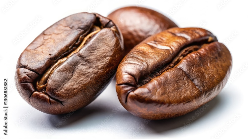 Rich, dark roasted coffee beans, sharply detailed, isolated on pure white. High-resolution product shot. Rich, dark roasted coffee beans, sharply detailed, isolated on pure white. High-resolution product shot.