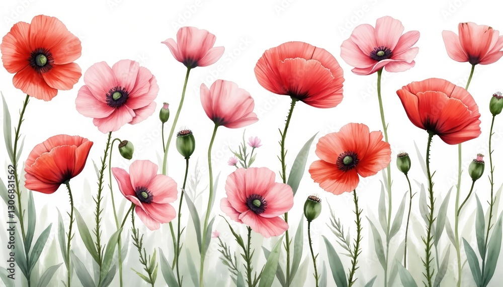 Obraz premium Watercolor painting of poppy flowers on white backdrop. Set of pink, red flower paintings. Hand painted floral design. Flower card, banner, template. Spring field with poppy flowers. Floral