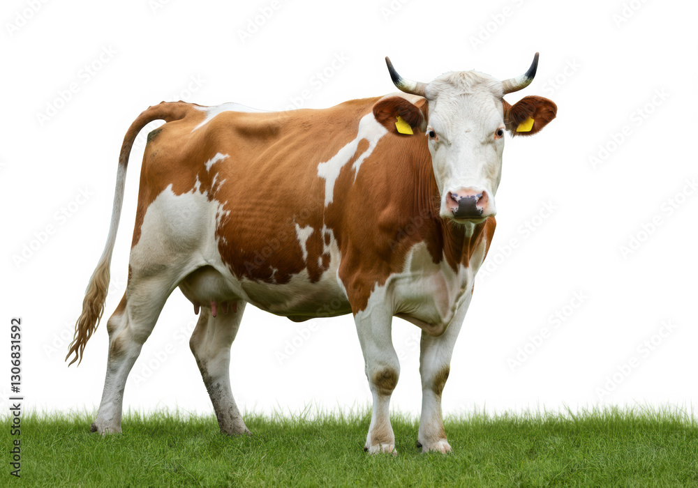 Brown and white cow standing on green grass with bright white background Brown and white cow standing on green grass with bright white background