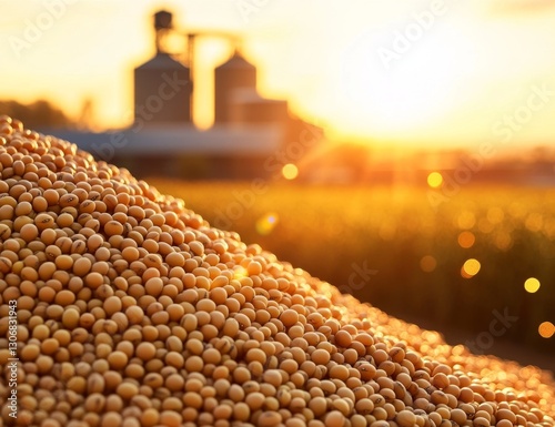 Soybean Pile at Sunset near Silos
