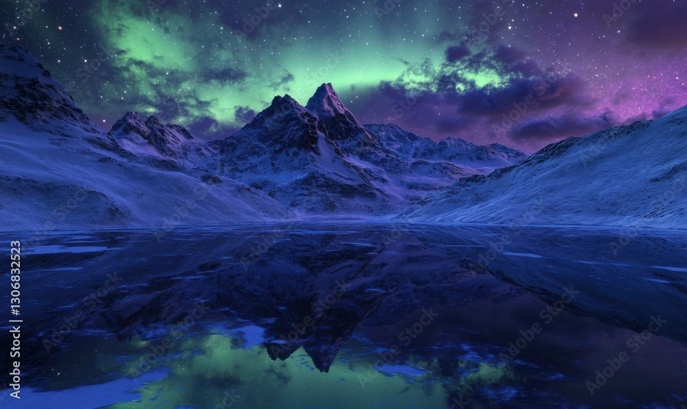 Naklejka premium Dramatic aurora borealis lighting up the night sky with vibrant shades of green and purple, reflected on a frozen arctic lake below .